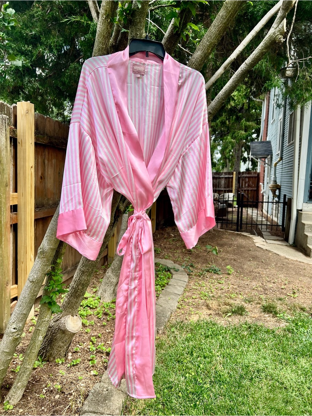 Show Me Your Mumu Satin Kimono Midi Maxi Robe Pink White Stripe Made in India OS